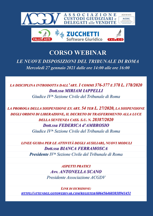 Locandina evento 'Corso webinar: Le nuove disposizioni del tribunale di roma'